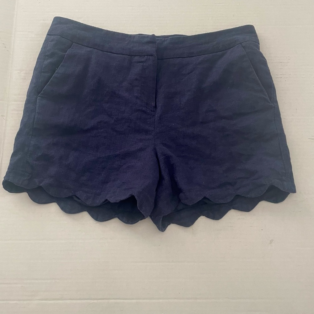 Linen Navy Scalloped Hem High Waist Shorts